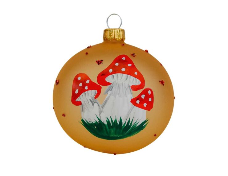 Boule de Noël dorée en verre, décors champignons peints à la main. Diamètre : 8cm