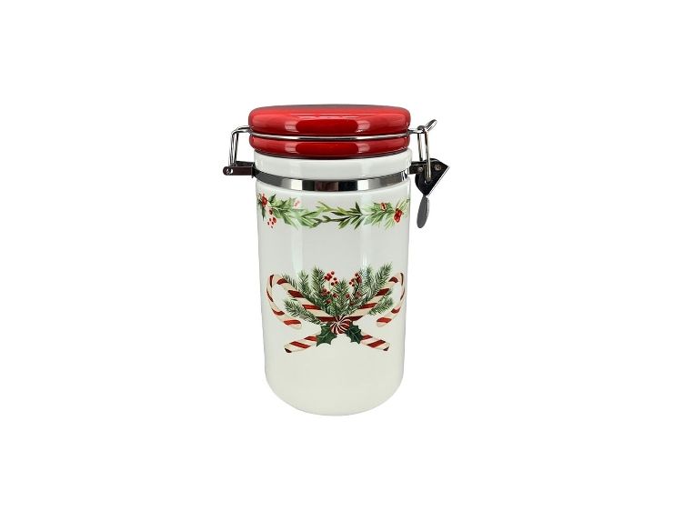 Joli pot blanc pour vos biscuits ou pour la cuisine avec décor sucres d'orge, céramique. Hauteur : 18cm