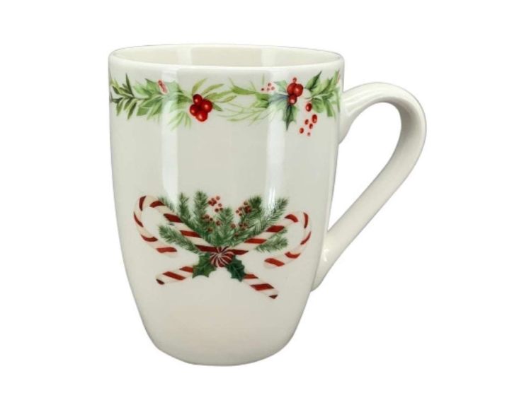 Tasse blanche décor sucres d'orge, porcelaine. Hauteur 12cm,Capacité 330ml