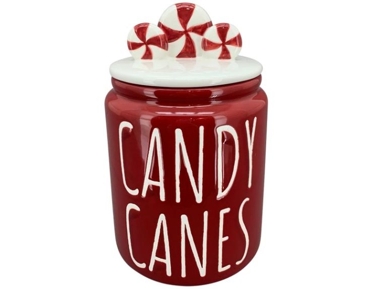 Joli pot bordeaux blanc pour vos biscuits, inscription "candy cane" et couvercle avec bonbons. Hauteur : 20cm