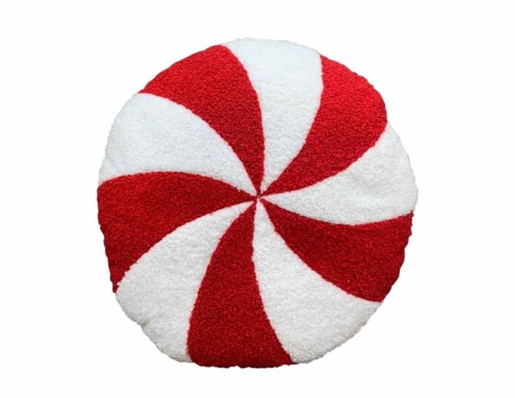 Coussin rond pour Noël en forme de bonbon rouge et blanc. Diamètre : 40cm