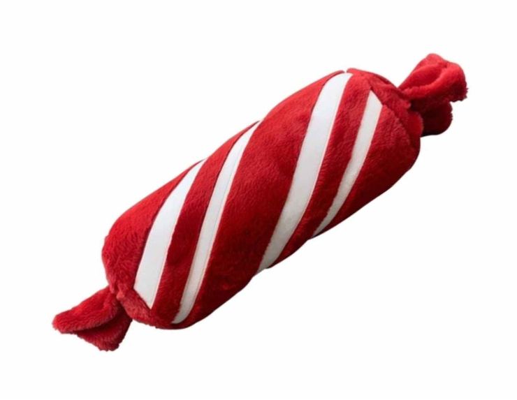 Grand coussin décoratif pour Noël en forme de bonbon rouge bordeaux et blanc. Taille : 50cm