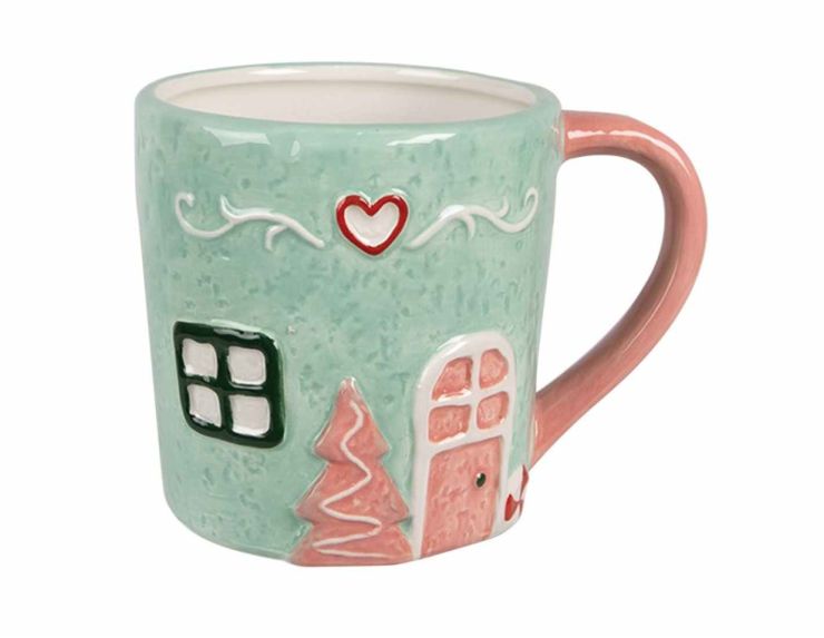 Tasse de Noël vert pastel, décor maison rose en céramique.