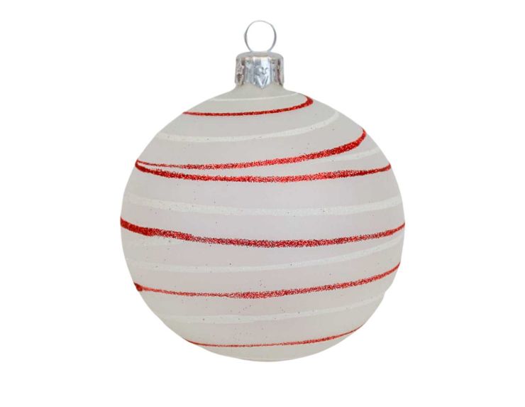 Boule de Noël blanche translucide en verre recouverte de paillettes rouges et blanches