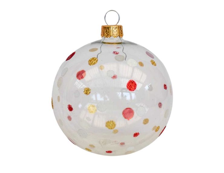 Boule de Noël transparente à pois rouges, blancs et dorés.

Diamètre : 8cm