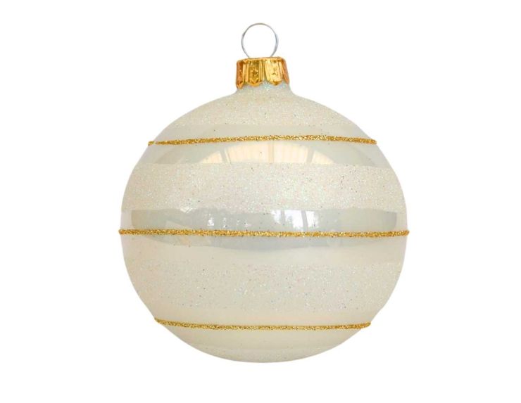 Boule de Noël blanche brillante en verre, décor lignes dorées et paillettes blanches.

Diamètre : 8cm