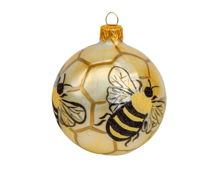 Boule de Noël dorée en verre décor de ruche avec abeilles peintes à la main. Diamètre : 8cm