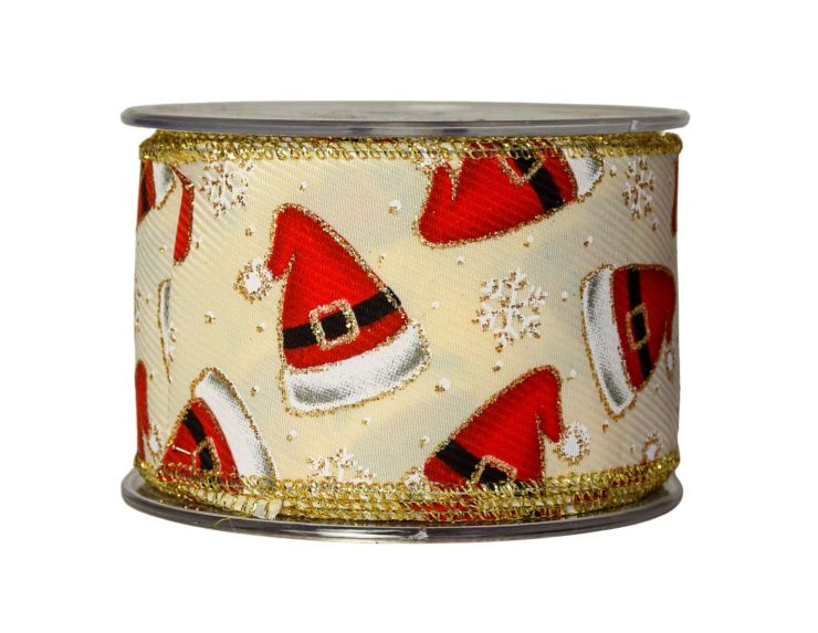 Large Ruban de Noël blanc crème avec bonnets de Père Noël. Fil de fer intégré, Largeur 7cm x 9m