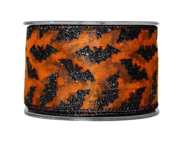 Large ruban pour Halloween orange avec des chauves-souris noires. 
Fil de fer intégré sur les côtés pour utilisation facile.