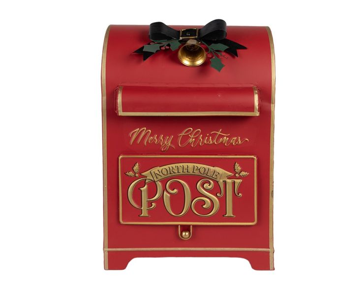 Boîte aux lettres en métal rouge et doré, inscription "Merry Christmas" et "North Pole Post"