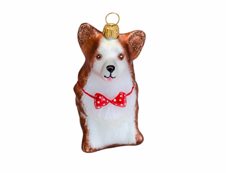 Boule de Noël chien Corgi brun et blanc, noeud papillon rouge, verre soufflé. 

Hauteur : 9cm