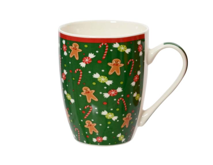 Tasse de Noël verte avec des bonhommes en pain d'épices et des bonbons. 

Hauteur 12cm