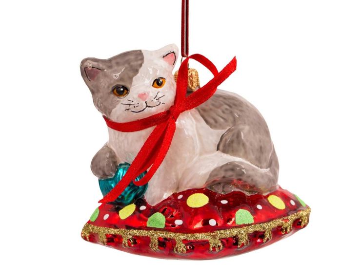 Suspension de Noël chat coussin rouge H12cm