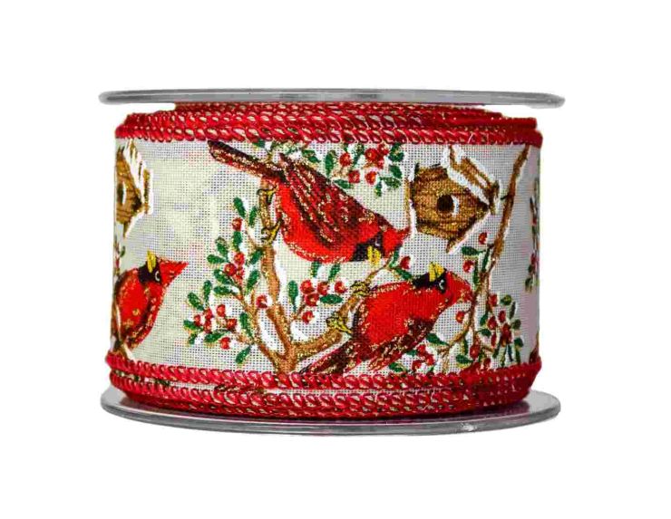 Large ruban de Noël crème avec oiseaux cardinal rouge.

Fil de fer intégré dans le bord pour utilisation facile.