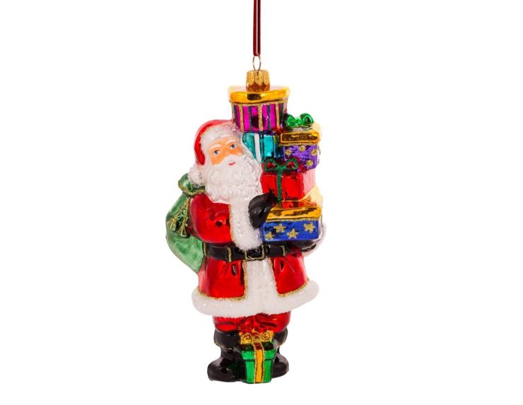 Père Noël pile de cadeaux verre soufflé H17cm